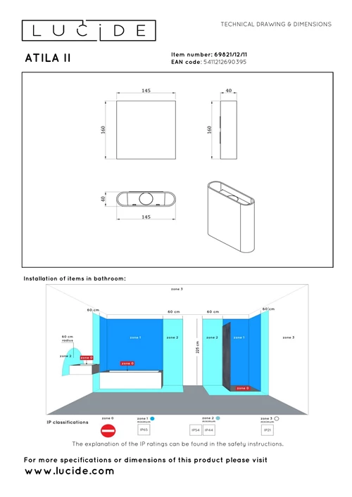 Lucide ATILA II - Wandleuchte Badezimmer - LED Dim. - CCT - 2x5W 2200K/3000K - IP54 - Chrom - Essential - technisch